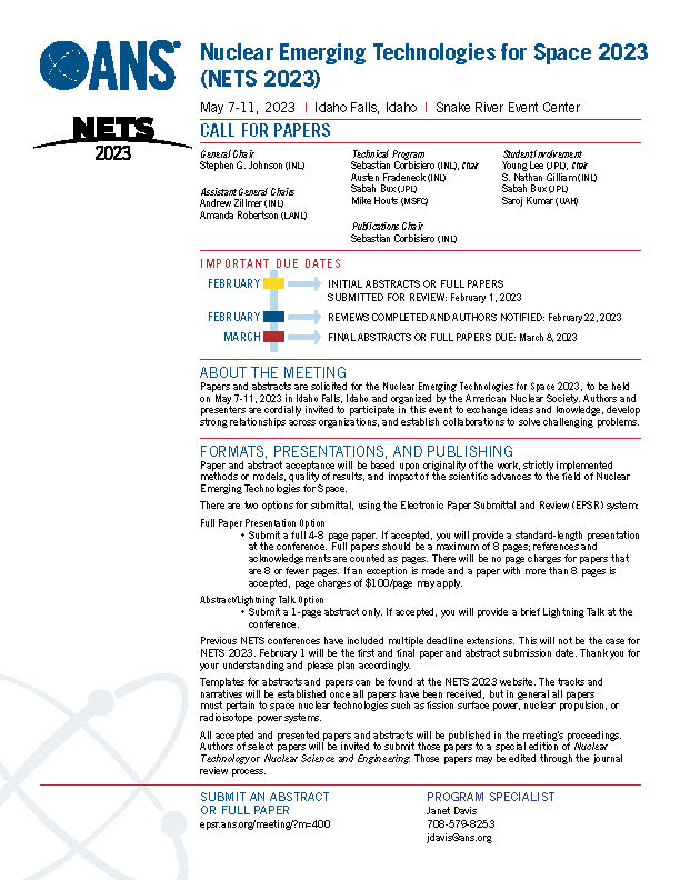 Nuclear and Emerging Technologies for Space 2023) ANS / Meetings