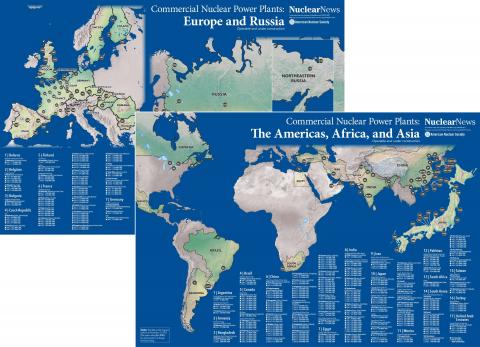 2019 Nuclear News 2-Map Worldwide COMBO #2 of (non-U.S.) Commercial Nuclear Power Plant Wall Maps