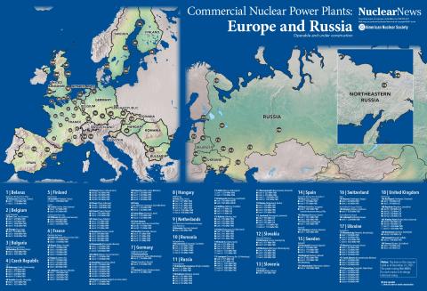 Nuclear News International Wall Map of Europe and Russia Commercial Nuclear Power Plants