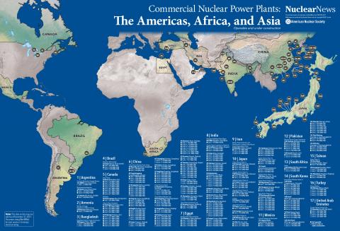 Nuclear News International Wall Map of The Americas, Africa, and Asia Commercial Nuclear Power Plants